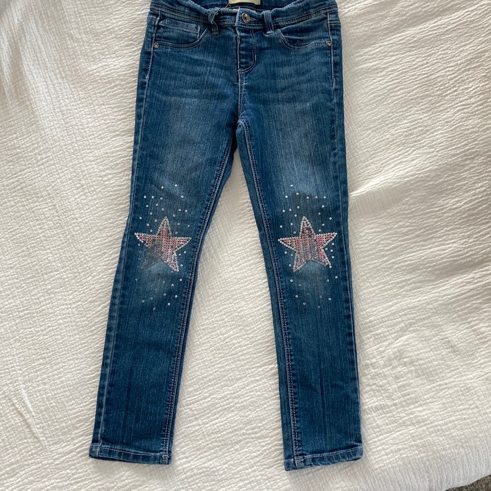 Squeeze adjustable waist jeans embellished knees sequin star size 6x little girl